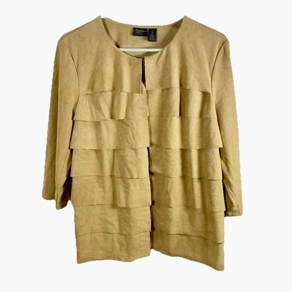 Chico’s Travelers Faux Suede Tiered Jacket Tan Sz 2 Large Southwestern Boho EUC‎
